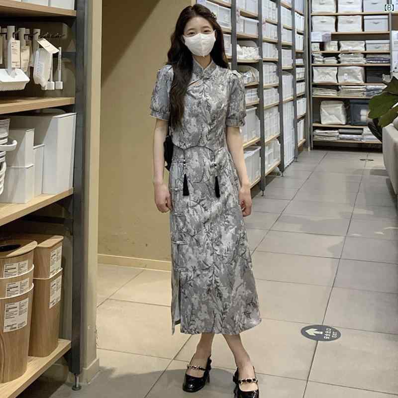 レディース　ファッション　コーデ　レディース　正装 民族風 風 唐装 チャイナ ドレス ボタン トップ 新 中華風 レトロ 少女 スカート 2点セット