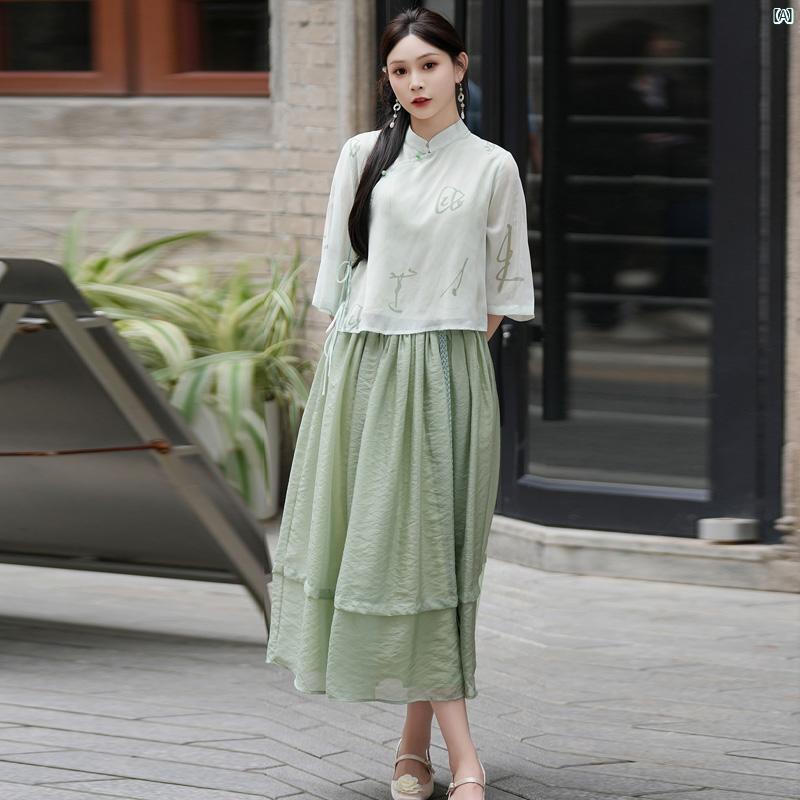 レディース　ファッション　コーデ　レディース　正装 民族風 瞑想 唐 2点 夏 デイリー 漢服 ガールズ チャイナ ドレス 中華風 ティー