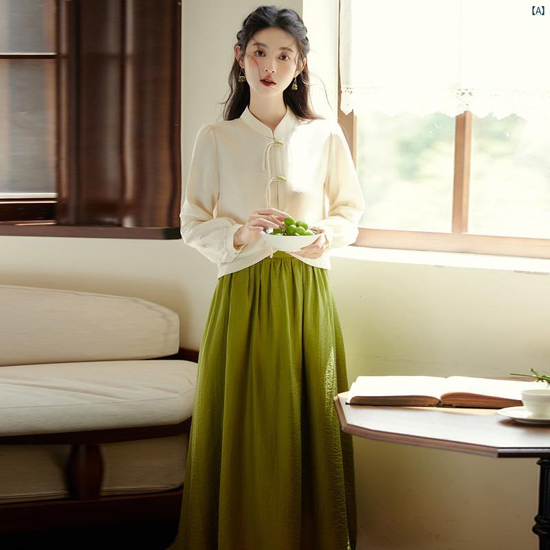 Xianqi 漢 中華風 唐装 トップ スカート 2点セット 民族風 瞑想 茶道 スーツ 日常 ガールズ 漢服 秋