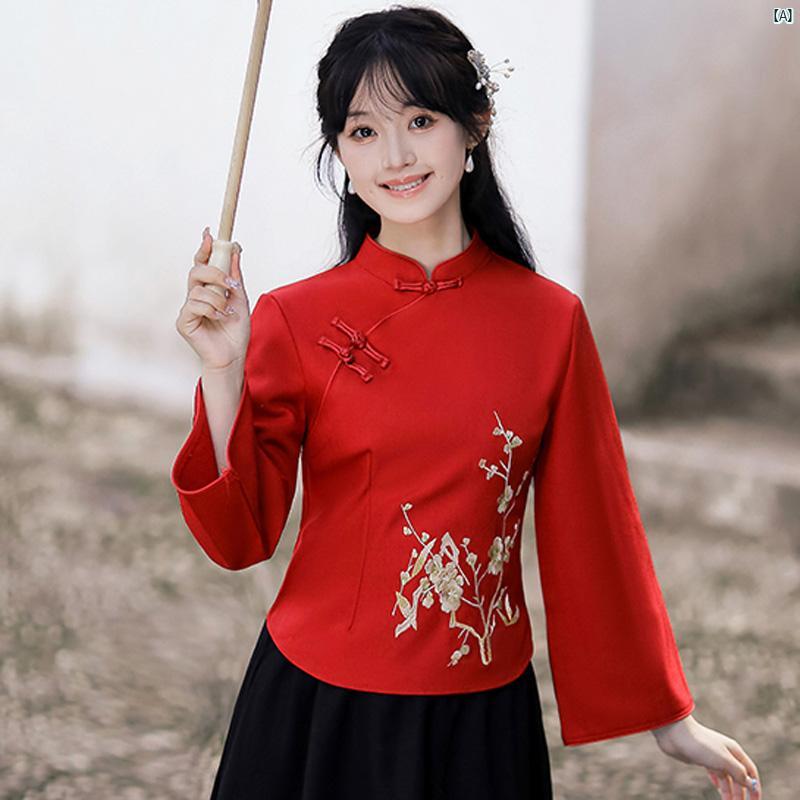 秋冬 中華風 レッド 唐服 チャイナ トップ 新 瞑想 茶道 スーツ ホームカミング