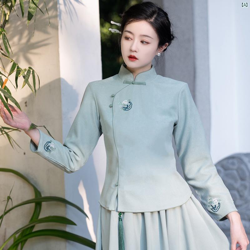 民族風 風 漢服 新 中華風 唐 スーツ 瞑想 茶 アート 秋冬 チャイナ ドレス 2点セット レトロ 衣装 イヤリング