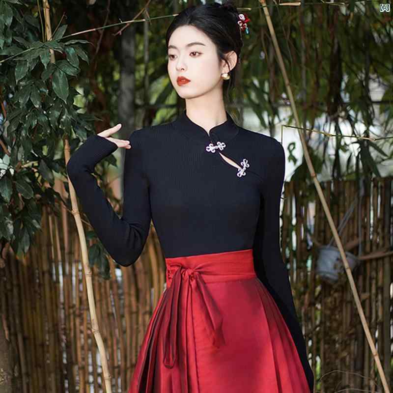 中国 スリムフィット スタンドカラー トップ スカート 小柄歳 日常 漢服 レディース 職場 着用 可能