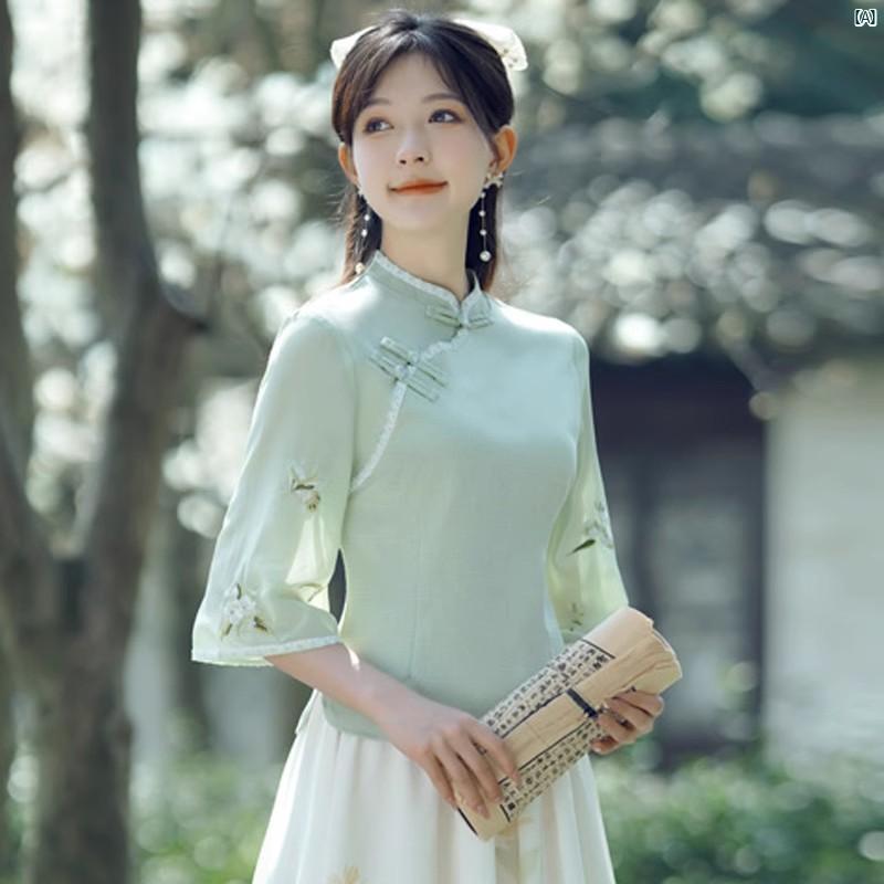 レディース ファッション コーデ 春 夏 秋 オシャレ 中華風 半袖 唐装 瞑想 茶道 スーツ 茶 館 ホテル 服 健康 ヘッド セラピー 耳 かき 技術者 作業着