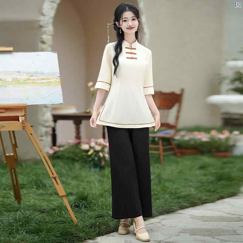 レディース　ファッション　コーデ　春　夏　秋　オシャレ 中華風 唐装 保健 センター 美容師 足 マッサージ 技術者 レトロ 衣装 耳 かき 作業着 茶師服 2点セット