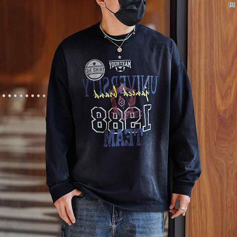 メンズ　ファッション　オシャレ　カジュアル　男性 アメリカン カレッジ 男女 カップル ウォッシュ プリント 長袖 Tシャツ ファッション カジュアル スポーツ ラウンドネック スウェットシャツ
