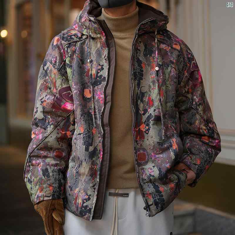 メンズ　ファッション　オシャレ　カジュアル　男性 アメリカ ストリート 油絵 プリント フード付き ダウン ジャケット メンズ 冬 ファッション 暖かい 17,306円