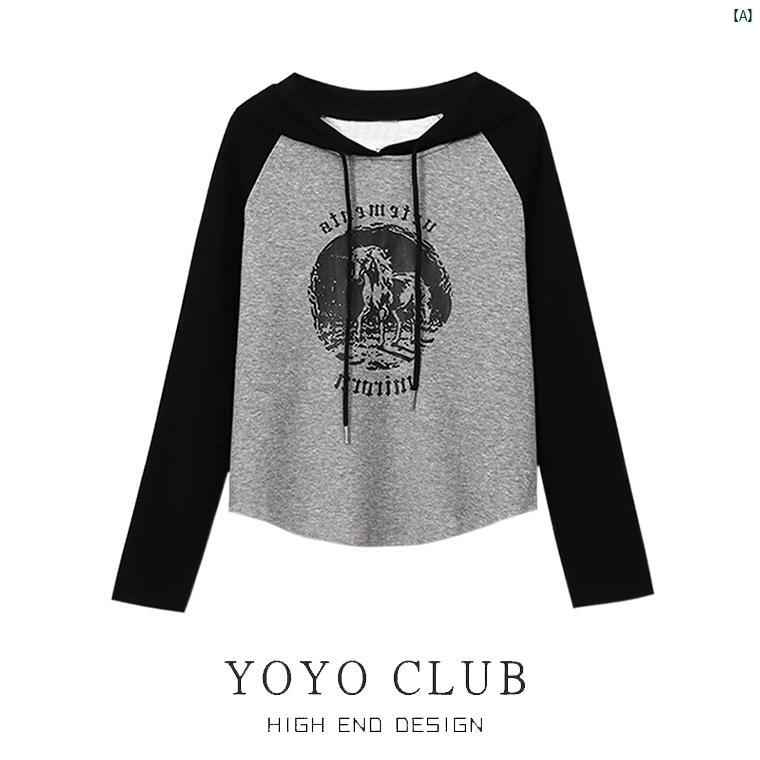 レディース　ファッション　コーデ　春　夏　秋　オシャレ 大きいサイズ 右 肩 フード付き 長袖 Tシャツ レディース 秋 ガール トップ