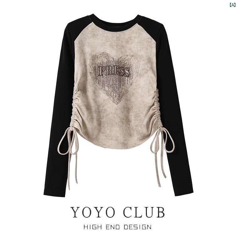 レディース　ファッション　コーデ　春　夏　秋　オシャレ 秋 大きいサイズ アメリカン 右 肩 長袖 Tシャツ レディース スリム 巾着 プリーツ トップ