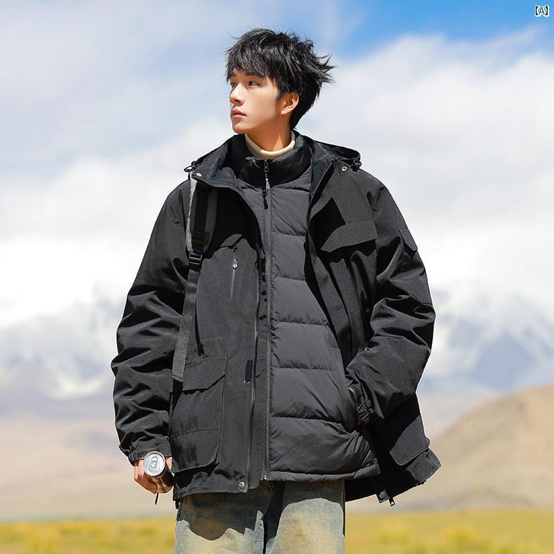 メンズ ファッション 韓国ファッション オシャレ 韓国 スリーインワン 取り外し 可能 ダウン ジャケット 男性用 冬 ストリート ファッション スリープ ルーフ