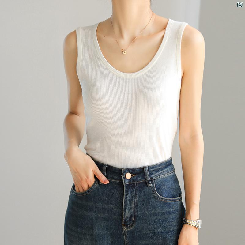レディース 流行り物 レディース オシャレ コーデ 春 秋 夏 秋冬 レディース U のど首 広広とした 肩先 リブニット より良い ノースリーブはだ着 相応う 羊毛 下つ方 ティーシャツ ホンブルグ帽 蝋涙 ティーシャツ いの一番