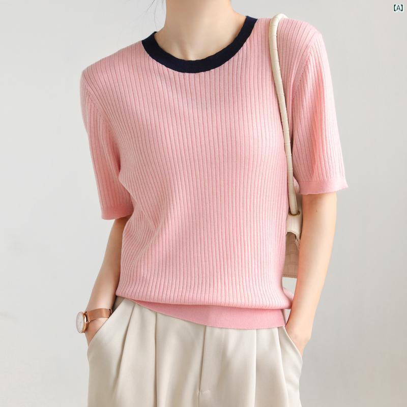 レディース　ファッション　レディース　オシャレ　コーデ　春　秋　夏 ニットウェア レディース 半袖 春夏 コントラスト フレンチ スリム ウール シャツ スリミング ピンク Tシャツ 9,029円