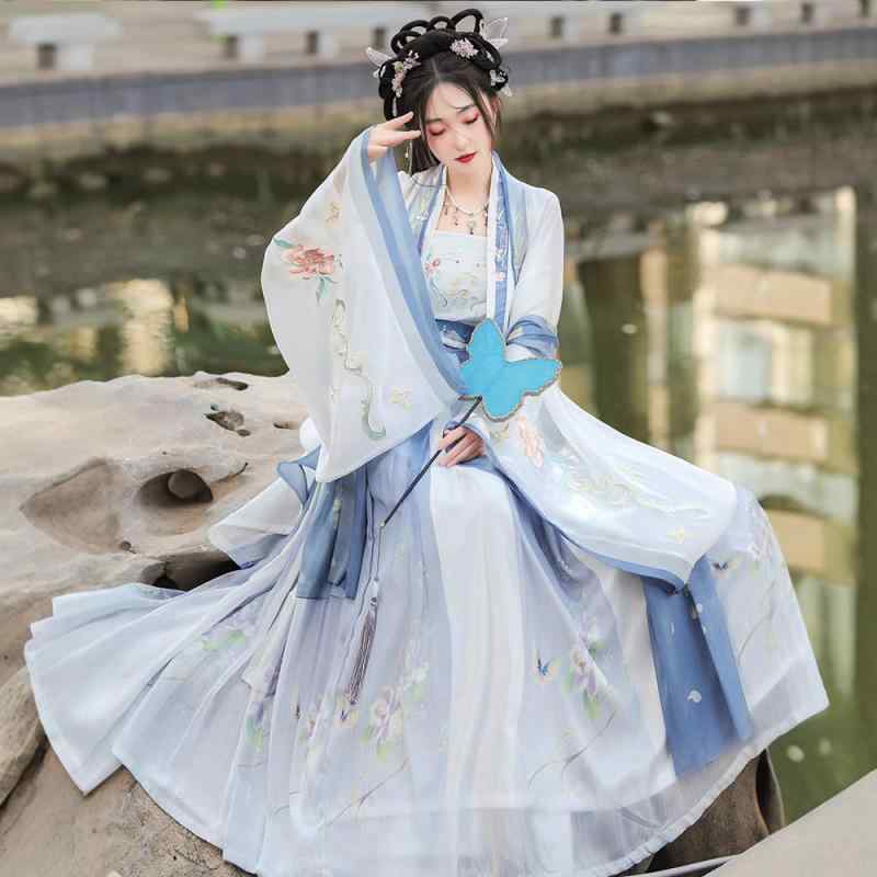 漢服 レディース 改良唐装 宋制 伝統衣装 古装 中華風 羽織 大袖衫 キャミソール プリーツスカート 5点セット 刺・墸 花柄 リボン 蝶 爽やか ブルー 上品 華やか 優雅 記念撮影 コスプレ 舞台 イベント パーティー 普段使い 通年 ポリエステル｜プライムズ商店