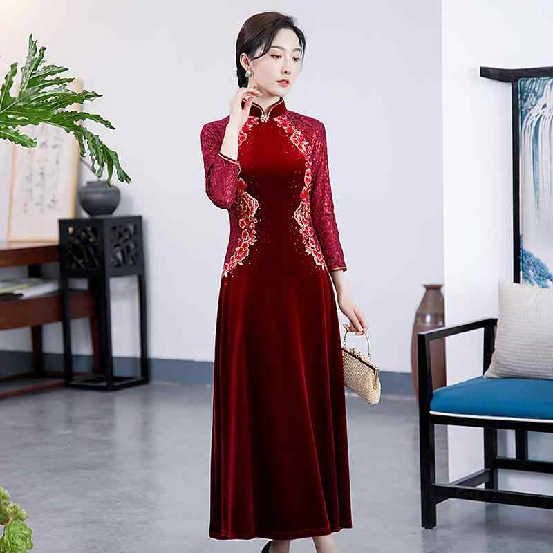 チャイナドレス レディース 長袖 ベルベット ベロア ロング ワンピース チャイナ服 立ち襟 チャイナ風ワンピース ドレス マキシ丈 エレガント きれいめ 大人 上品 演奏会 発表会 謝恩会 同窓会 結婚式 パーティー お呼ばれ セレモニー お出かけ レ|プライムズ商店