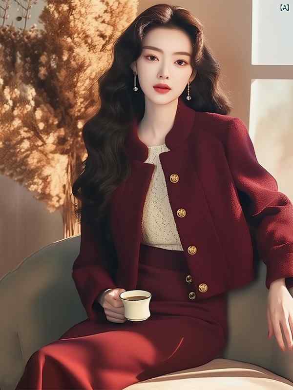 レディース　ファッション　コーデ　春　夏　秋 秋 ファッション 韓国 ハイエンド 小柄 香り レッド コート スカート 2点 レディーススーツ