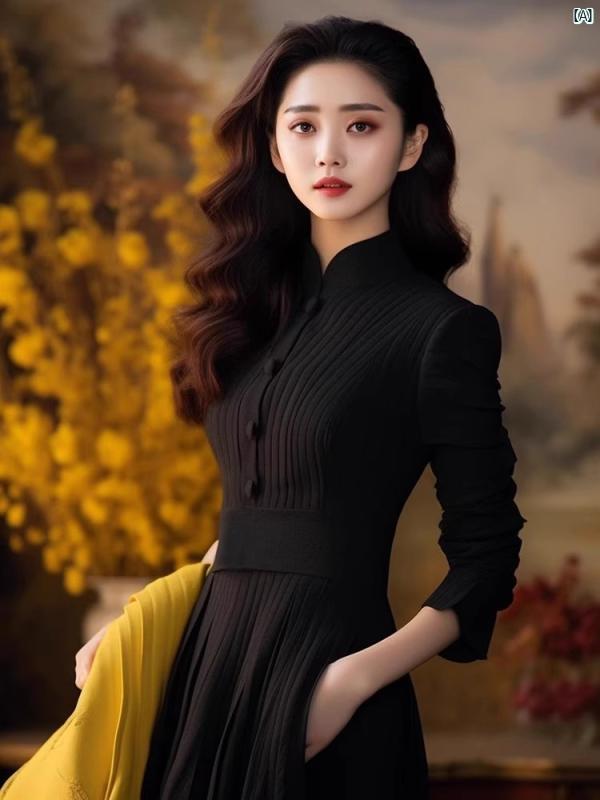 レディース　ファッション　コーデ　春　夏　秋 中華風 娘 美しい 付き ロング スカート 強い オーラ 高級 秋 レディース ブラック ニット ドレス