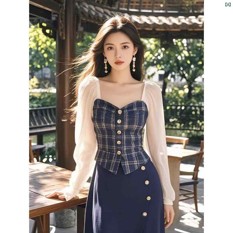 レディース　ファッション　コーデ　春　夏　秋 ブルー い チェック柄 ドレス 2点 スーツ レディース 秋服 服 ファッション