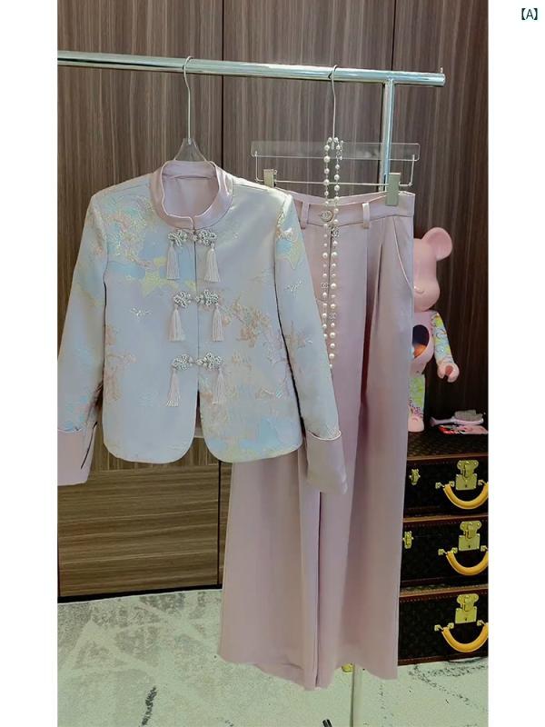 レディース ファッション コーデ 春 夏 秋 中華風 婦歳 服 秋 社交家 ハイエンド ボタン 付き ジャケット ワイド レッグ パンツ プロ スーツ