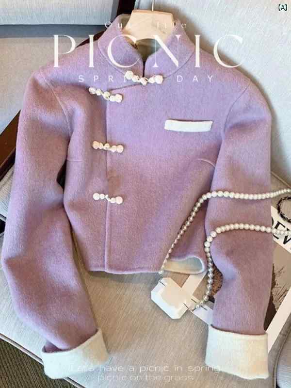レディース 流行り物 コーデ 春 夏 秋 飛び切り 冬服 小っちゃい歳 遊撃手 羊毛 厚地の外套 秋 中華風 レコード盤 バックル パープル レディース