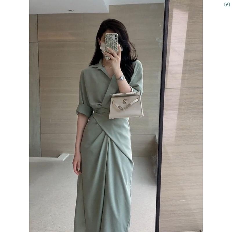 レディース　ファッション　コーデ　春　夏　秋 フランス クール 高級 婦歳 服 グリーン アセテート ポロシャツ スカート レディース