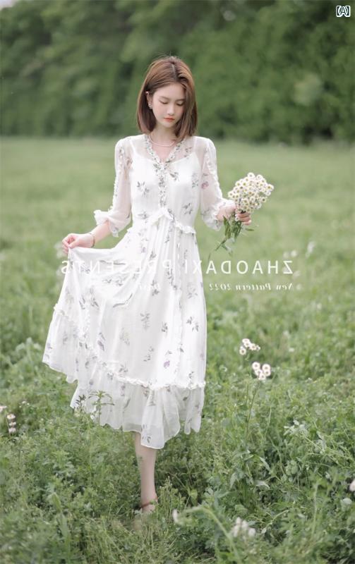 レディース ファッション コーデ 春 夏 秋 花柄 ドレス レディース ホワイト 優しい Vネック ウエスト シック 個性的 スカート
