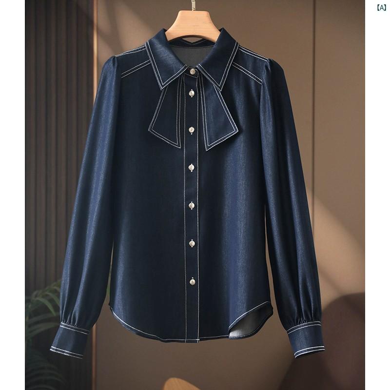 レディース　ファッション　コーデ　春　夏　秋 希少 チャンネル グッズ エレガント フレンチ アクセント トップステッチ リボン パフスリーブ レディース デニムシャツ 9,542円