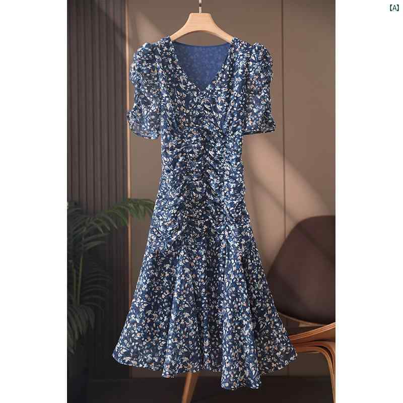 レディース　ファッション　コーデ　春　夏　秋 真 夏 カーニバル トーン パフスリーブ プリーツ ウエスト スリムフィット 花柄 シフォン ドレス レディース