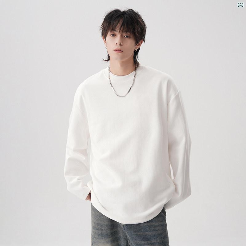 メンズ ファッション 韓国ファッション オシャレ 韓国 ヘビーウェイト 長袖 Tシャツ 男性用 春秋 ラウンドネック カジュアル ボト シャツ スウェットシャツ