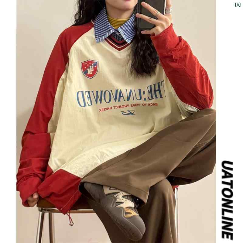 レディース　ファッション　レディース　オシャレ　コーデ　春　秋　夏 UATONLINE 秋 アメリカン レトロ ストリート ステッチ Vネック ジャージ プルオーバー スウェットシャツ レディース