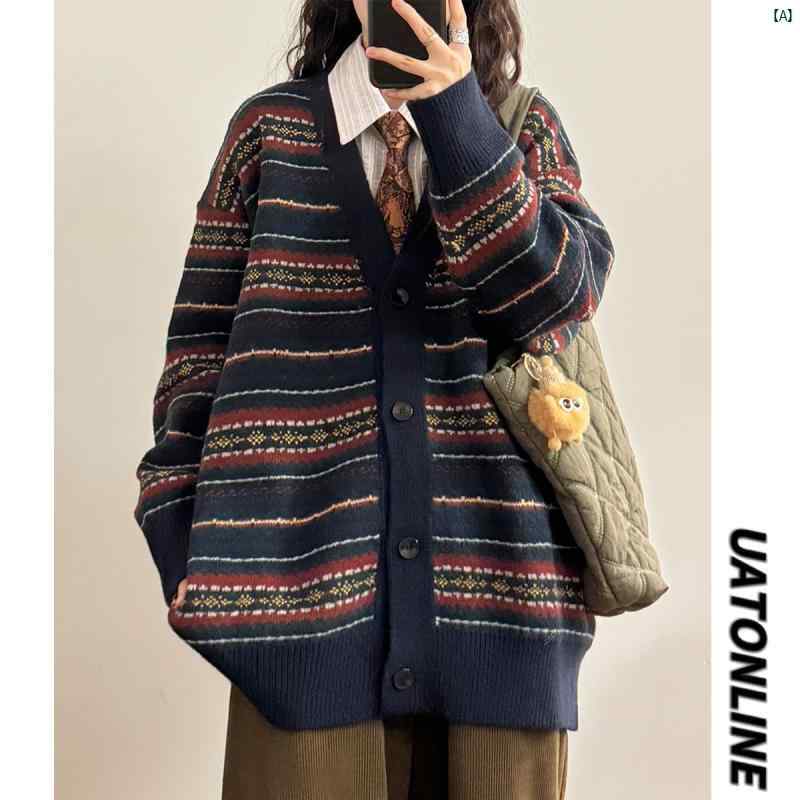 レディース 流行り物 レディース オシャレ コーデ 春 秋 夏 UATONLINE 秋冬 和風 レトロ エスニック 縞模様 Vのど首 編み物 ジレー プルオーバー 上衣 レディース