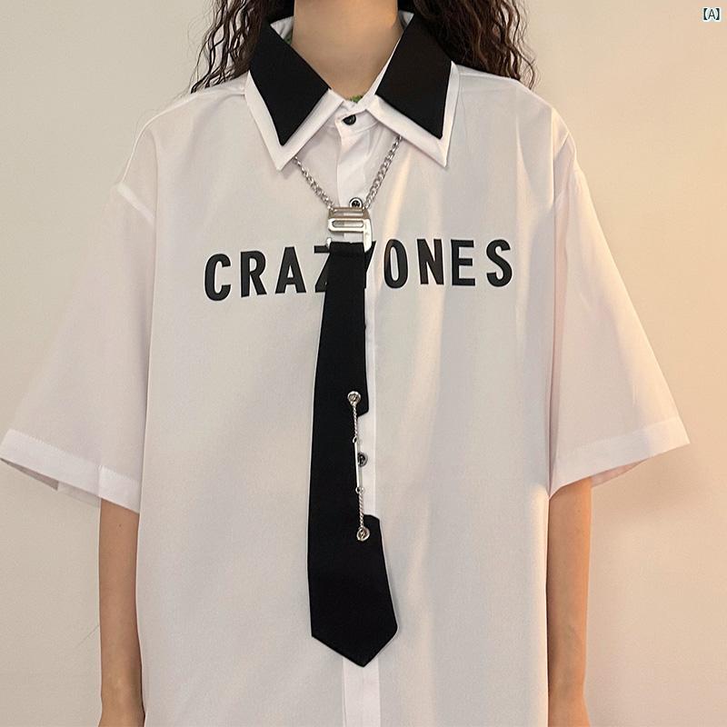 レディース　ファッション　レディース　オシャレ　コーデ　春　秋　夏 UATONLINE 初秋 アメリカン ブラック ホワイト コントラスト ネクタイ 長袖 シャツ メンズレディース イン