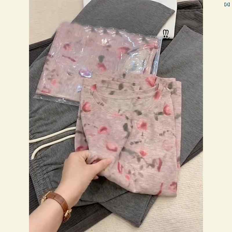 フレンチ ピンク プリント 薄手 メッシュ Tシャツ 夏 トップス
