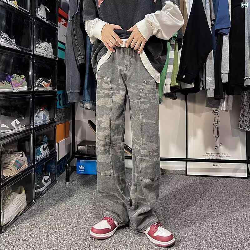 メンズ　ファッション　コーデ　オシャレ アメリカン レトロ 迷彩 パンツ メンズ 夏 ストレート ワイド レッグ カジュアル ストリート ファッション デニムオーバーオール