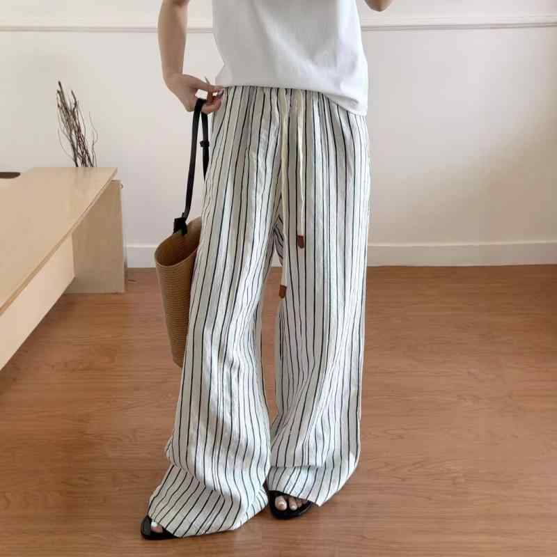 ワイドパンツ レディース サマーパンツ 麻 リネン 混合 ストライプ 楽ちん ウエストゴム ドロストパンツ 部屋着 普段使い ルームウェア ボトムス リラクシー スタイルアップ 着痩せ ゆったり 体型カバー 大きいサイズ ナチュラル グレー系 ベージュ系｜プライムズ商店
