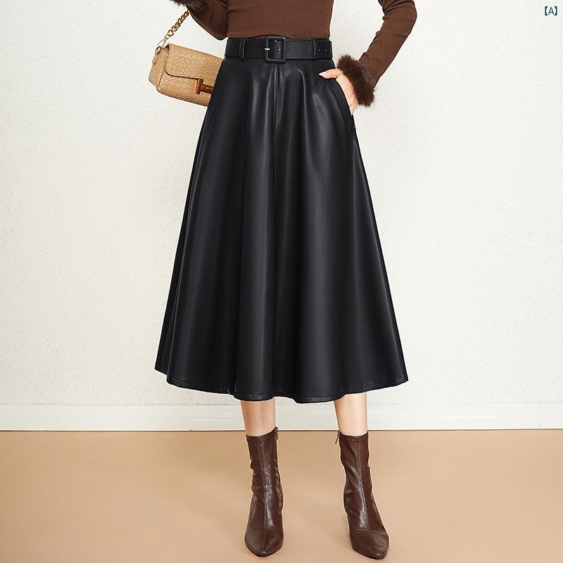 レディース ファッション コーデ 春 夏 秋 ブラウンレザー スカート ハイウエスト プリーツ Aラインイン レディース 秋冬 ミドル丈 ロング アンブレラ