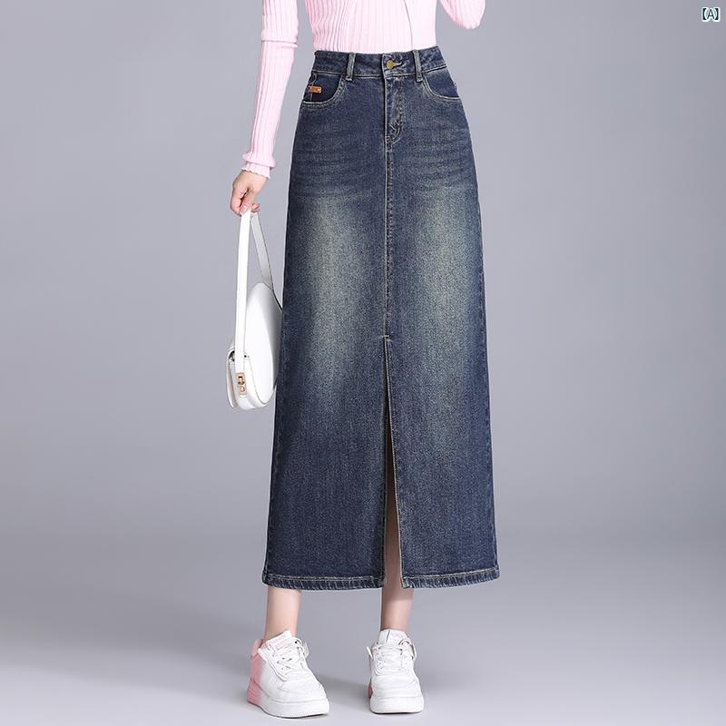 レディース　ファッション　コーデ　春　夏　秋 デニムスカート レディース 春秋 レトロ ハイウエスト ミドル丈 ストレート ヒップ カバー スカート スリット ロング