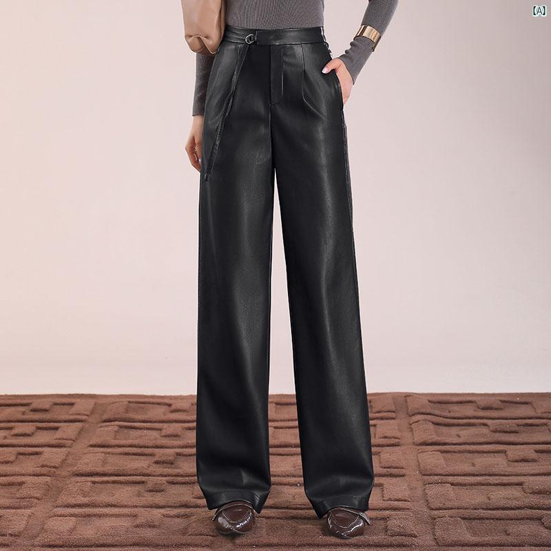 レディース　ファッション　コーデ　春　夏　しゃれ 洋風 レザーパンツ スリム ストレート パンツ 秋冬 バック ウエスト ゴム入り カジュアル ワイド ズボン