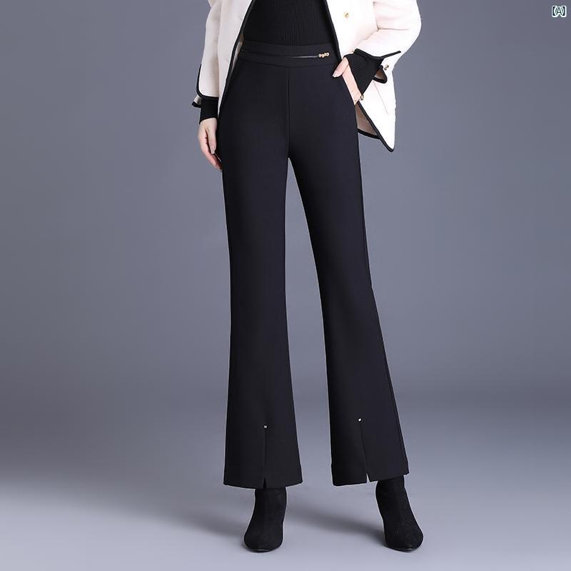レディース　ファッション　コーデ　春　夏　秋 小柄 レディース ブーツ カット パンツ 厚手 ベルベット ハイウエスト スリム フィット 秋冬 ブラック 九分丈 スーツ スリット フレア