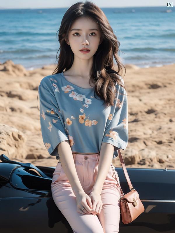 ブルー プリント 右 肩 半袖 Tシャツ レディース 夏 ハイエンド レトロ スリム トップ 5,872円