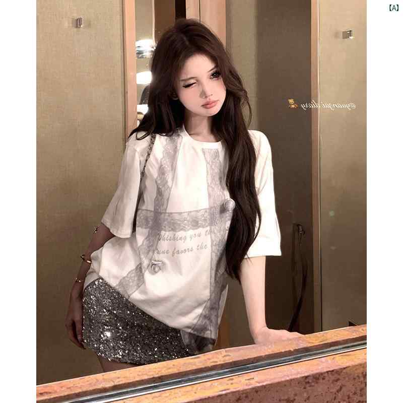 アメリカ レース 立体 フラワー 半袖 Tシャツ レディース 夏 ファッション 魅惑的 スパンコール ヒップ カバー スカート