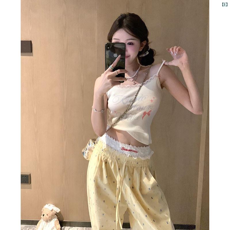 水玉 カジュアル ストレート パンツ スーツ レディース 夏 スタイリッシュ ガール レースキャミソール 2点セット