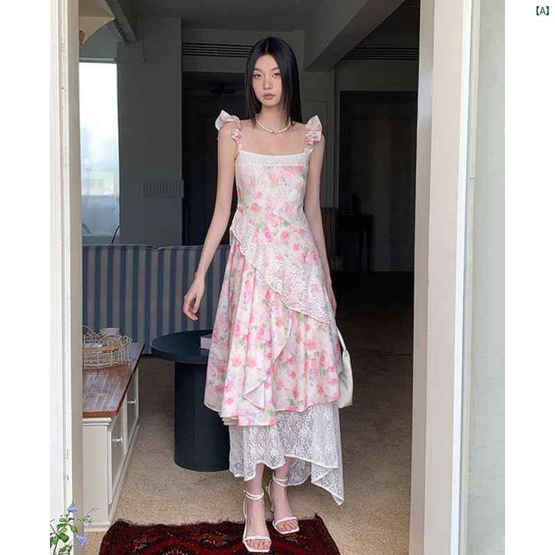 フレンチ スイート フローラル ヘビーデューティ ドレス レディース 夏 レース スプライシング サスペンダー スカート