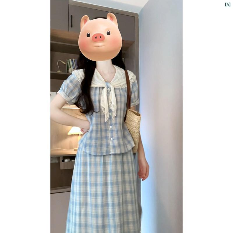 レディース　ファッション　おしゃれ　海外　海外風　かわいい フレンチ スイート レース エッジ ブルー チェック柄 ドレス 夏 小柄 フレッシュ カレッジ ロング スカート セットアップ可能