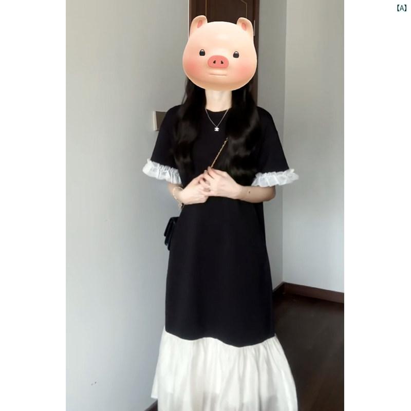 レディース　ファッション　おしゃれ　海外　海外風　かわいい フランス ハイエンド ブラック Tシャツ ドレス 夏 メッシュ フィッシュ テール スプライシング たり カジュアル ロング スカート