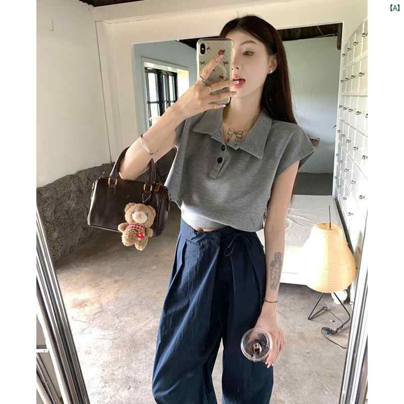 レディース　ファッション　おしゃれ　海外　海外風　かわいい 韓国 ポロ カラー 半袖 Tシャツ セットアップ可能 夏 カジュアル ストレート ワイド レッグ パンツ 2点セット