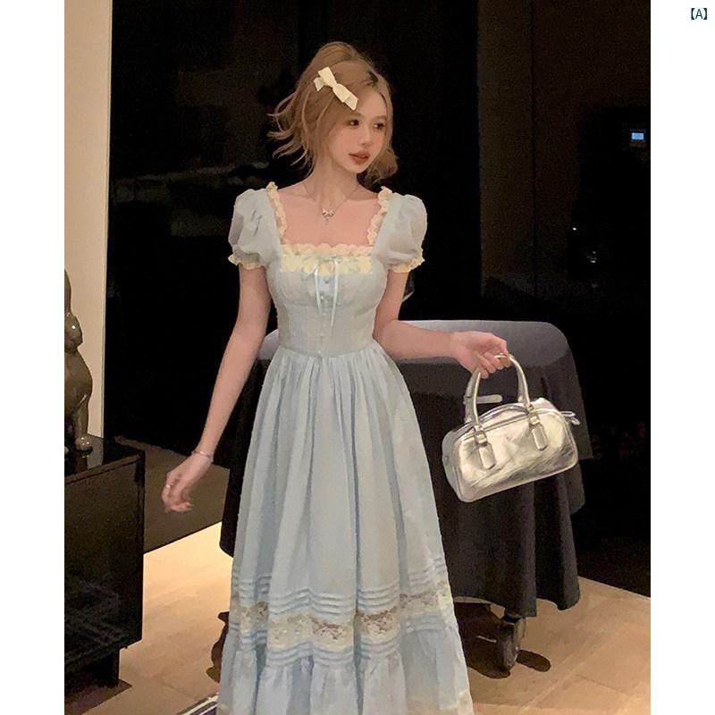 レディース 流行り物 今めかしい 外国で 外国で風 愛くるしい フレンチ真四角 のど首 パフスリーブドレス 夏 スピード競技 スプライシング 酉の方角 か細い スコート