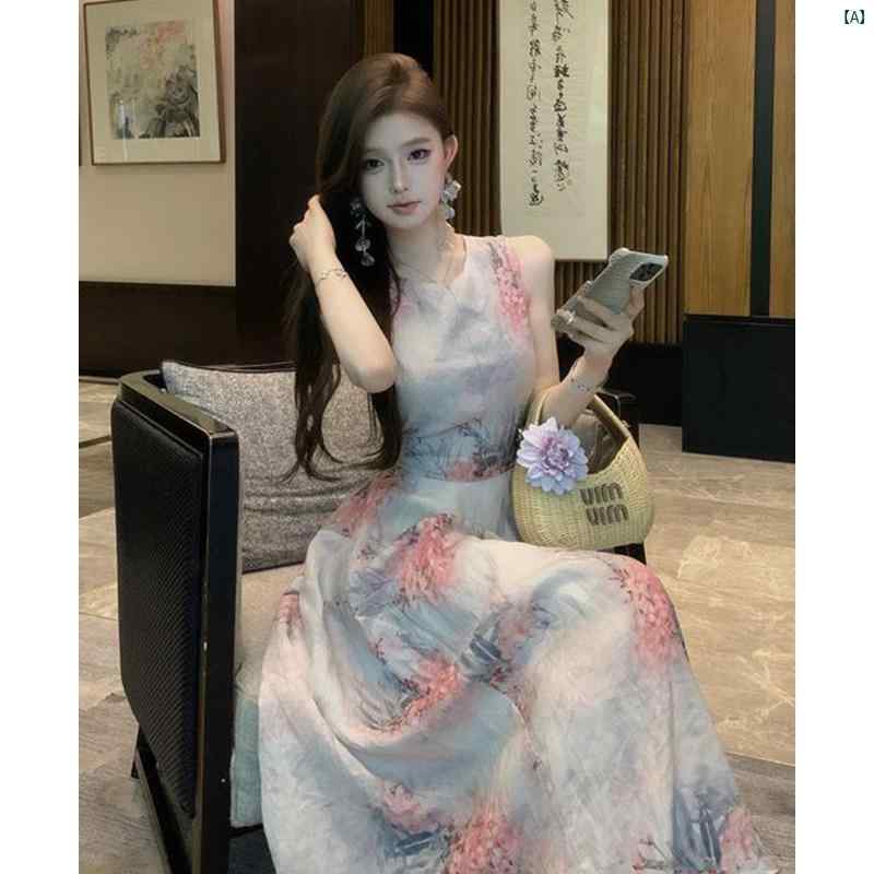 レディース　ファッション　おしゃれ　海外　海外風　かわいい シック 新 中華風 ハイエンド プリント ドレス 夏 花 つぼみ Aラインイン スカート