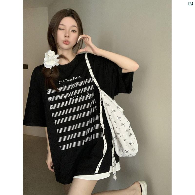 レディース　ファッション　おしゃれ　海外　海外風　かわいい レトロ ピアノ スコア プリント 半袖 Tシャツ 夏 カジュアル スリム ミドル丈 トップ