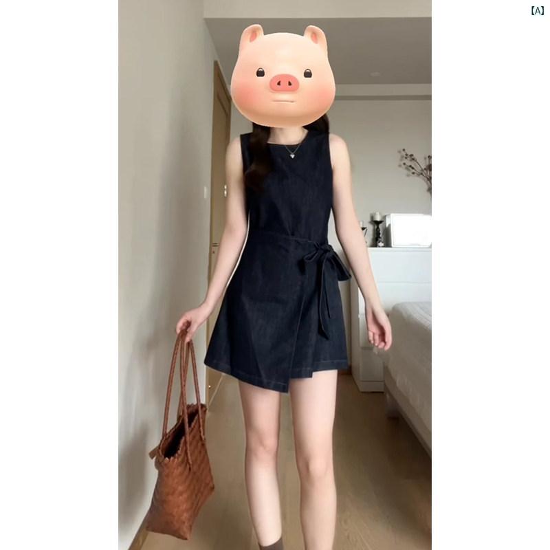 レディース　ファッション　おしゃれ　海外　海外風　かわいい フレンチ レトロ デニム イレギュラー ベスト ドレス 夏 レースアップ ウエスト スリム ショート スカート