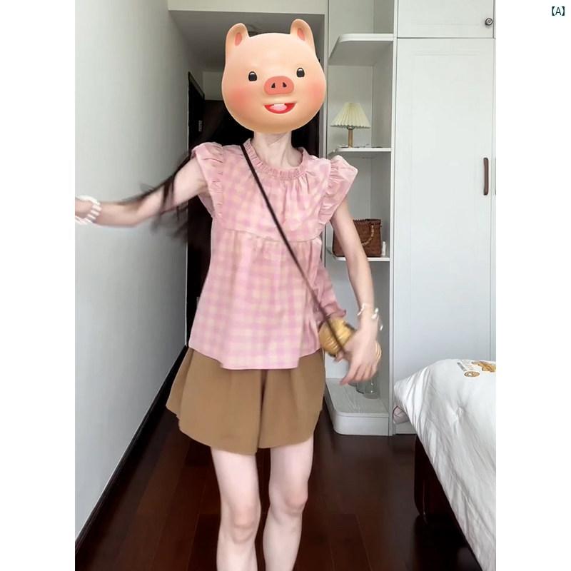 レディース　ファッション　おしゃれ　海外　海外風　かわいい フランス レトロ チェック柄 キノコ エッジ フライング スリーブ ベビー ドール シャツ 夏 す トップ