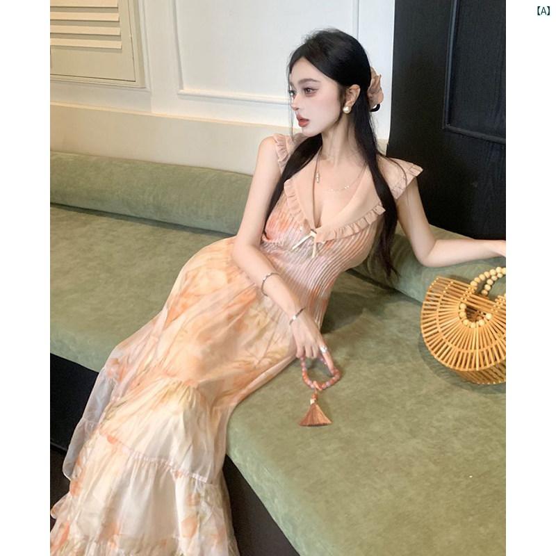 レディース ファッション おしゃれ 海外 海外風 かわいい フランス 優しいオー ガンジー ノースリーブ Vネック ドレス 夏 リゾート 背中 開いた 休日 ロング